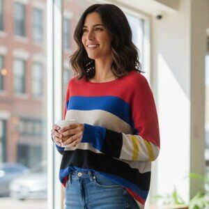 Minnie Rose Cashmere Blend Striped Sweater Coastal Grandma Chic M